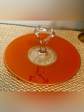 Vintage Orange Glass Pedestal Plate
Gold Rim MCM